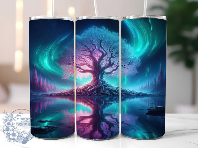 Aurora Tree of Life Tumbler, Northern Lights Wrap, Tree of Life Design, Sublimation Cup, 20oz Skinny Tumbler, Mystical Drinkware, Cosmic Nature Style Sublimation ToriDesigns 