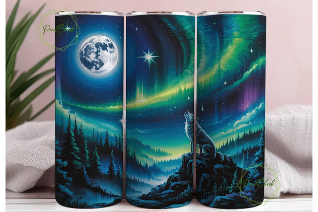 Aurora Wolf Moon Night 20oz Tumbler Wrap Sublimation PixelChick 