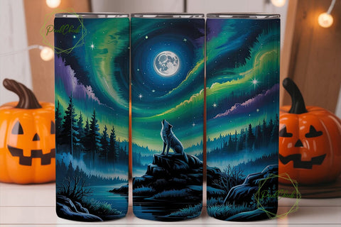 Aurora Wolf Moon Night 20oz Tumbler Wrap Sublimation PixelChick 