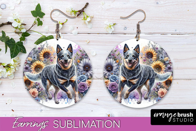 Australian Cattle Dog Earrings - Dog Mom Floral Round Earring Sublimation Sublimation OrangeBrushStudio 