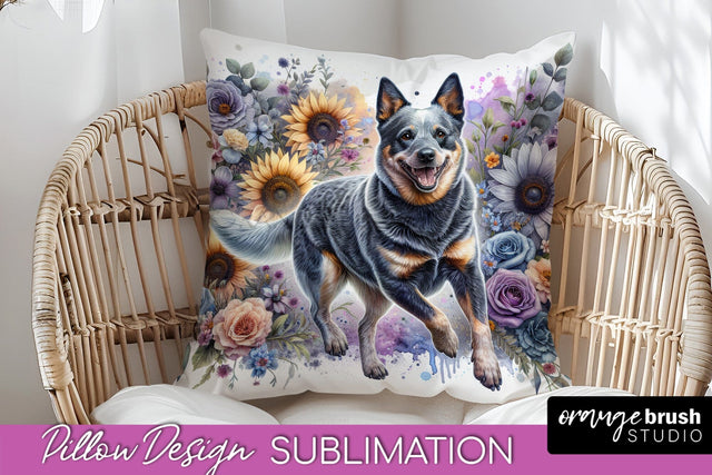 Australian Cattle Dog Pillow Cover - Dog Mom Floral Pillow Sublimation Sublimation OrangeBrushStudio 
