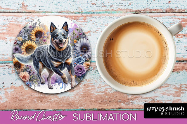 Australian Cattle Dog Round Coaster - Dog Mom Floral Coaster Sublimation Sublimation OrangeBrushStudio 