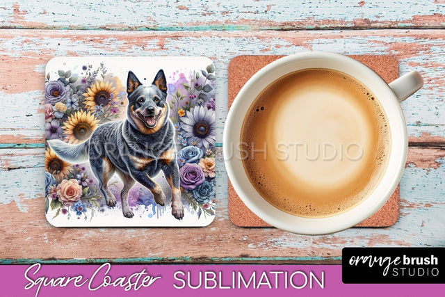 Australian Cattle Dog Square Coaster - Dog Mom Floral Coaster Sublimation Sublimation OrangeBrushStudio 
