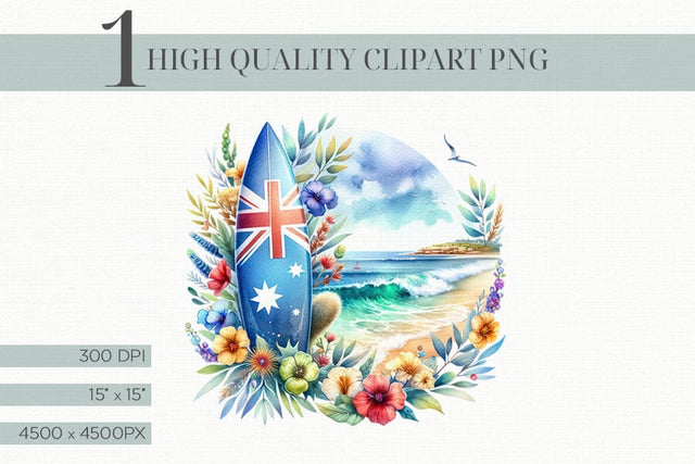Australian Floral Surfboard Clipart, Beach Theme Digital Art Sublimation BijouBay 