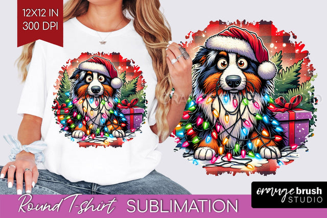 Australian Shepherd Dog Christmas Dog Round Tshirt PNG Sublimation OrangeBrushStudio 