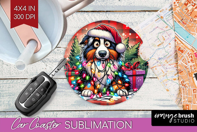 Australian Shepherd Dog Funny Christmas Dog Car Coaster Sublimation OrangeBrushStudio 