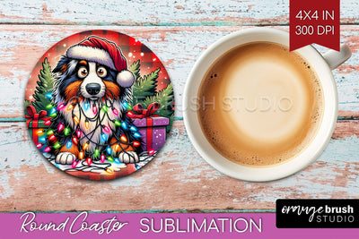 Australian Shepherd Dog Funny Christmas Dog Round Coaster Sublimation OrangeBrushStudio 