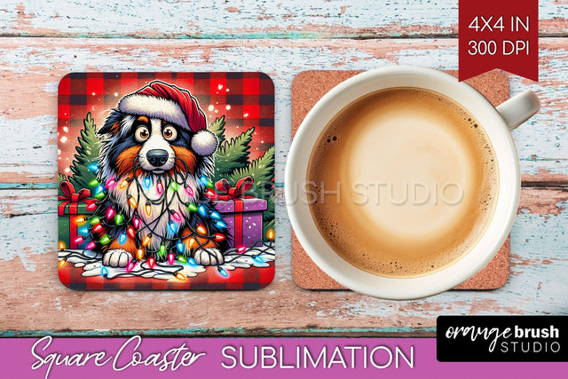 Australian Shepherd Dog Funny Christmas Dog Square Coaster Sublimation OrangeBrushStudio 