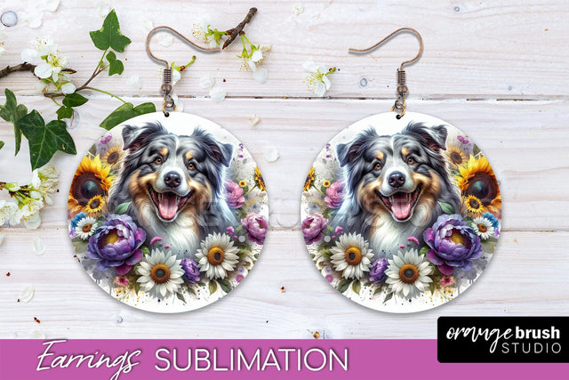Australian Shepherd Earrings - Dog Mom Floral Round Earring Sublimation Sublimation OrangeBrushStudio 