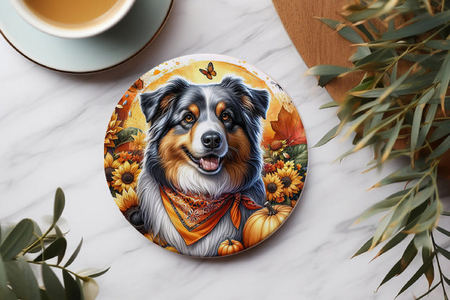 Australian Shepherd Fall Car Coaster Design, Round Dog PNG for Sublimation Sublimation BijouBay 
