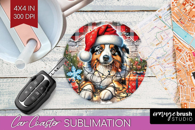 Australian Shepherd Funny Christmas Dog Car Coaster Sublimation OrangeBrushStudio 