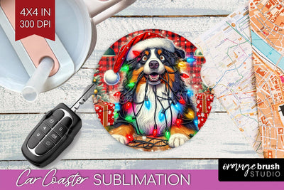 Australian Shepherd Funny Christmas Dog Car Coaster Sublimation OrangeBrushStudio 