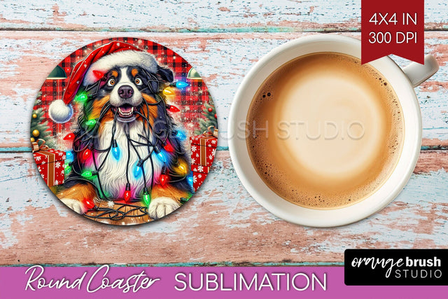 Australian Shepherd Funny Christmas Dog Round Coaster Sublimation OrangeBrushStudio 