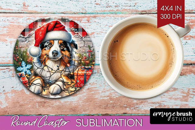 Australian Shepherd Funny Christmas Dog Round Coaster Sublimation OrangeBrushStudio 