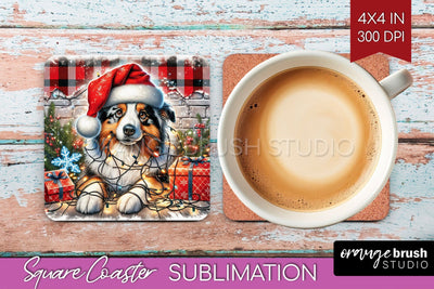 Australian Shepherd Funny Christmas Dog Square Coaster Sublimation OrangeBrushStudio 