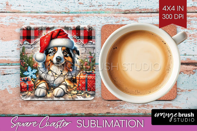 Australian Shepherd Funny Christmas Dog Square Coaster Sublimation OrangeBrushStudio 