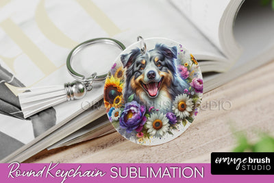 Australian Shepherd Keychain - Dog mom Floral Keychain Sublimation Design Sublimation OrangeBrushStudio 