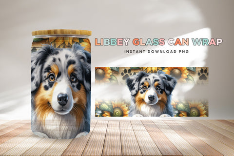 Australian Shepherd Libbey Glass Can Wrap, Dog Sunflower PNG Sublimation BijouBay 