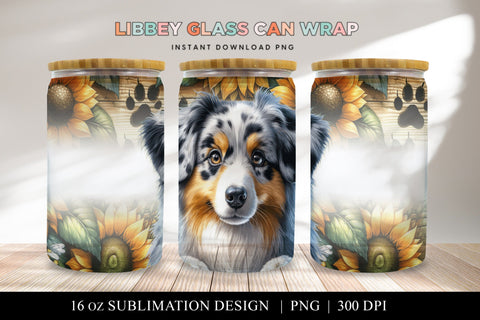 Australian Shepherd Libbey Glass Can Wrap, Dog Sunflower PNG Sublimation BijouBay 