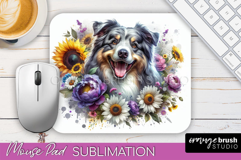 Australian Shepherd Mouse Pad Design - Dog Mom Floral Mousepad Sublimation Sublimation OrangeBrushStudio 