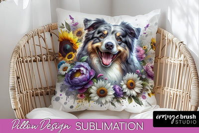 Australian Shepherd Pillow Cover - Dog Mom Floral Pillow Sublimation Sublimation OrangeBrushStudio 