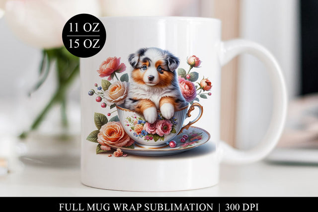 Australian Shepherd Puppy in Teacup Mug Sublimation Design Sublimation BijouBay 