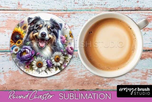 Australian Shepherd Round Coaster - Dog Mom Floral Coaster Sublimation Sublimation OrangeBrushStudio 