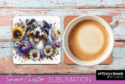 Australian Shepherd Square Coaster - Dog Mom Floral Coaster Sublimation Sublimation OrangeBrushStudio 