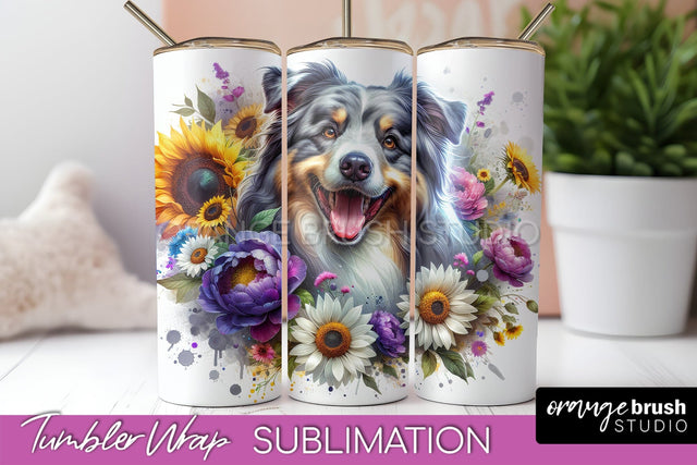 Australian Shepherd Tumbler Wrap - Dog Mom Floral Tumbler Sublimation Sublimation OrangeBrushStudio 
