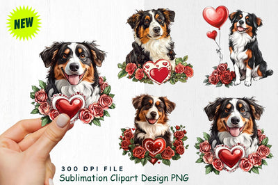 Australian Shepherd with Valentine's Card and Roses Clipart Sublimation Regulrcrative 