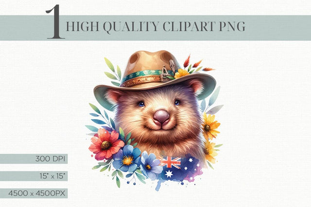 Australian Wombat with Hat Clipart, Cute Wombat PNG Sublimation BijouBay 