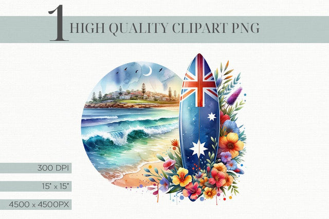 Australia's Bondi Beach Digital Clipart, Watercolor Ocean Sublimation BijouBay 