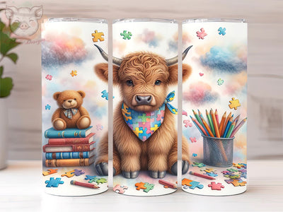 Autism Awareness Highland Cow 20oz Tumbler Png, Straight & Tapered Tumbler Png, Autism Awareness Tumbler Png, Digital Download PNG Sublimation Lara' s Designs 