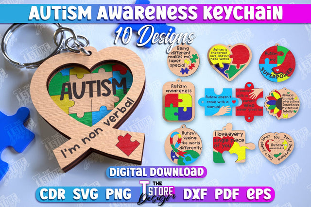 Autism Awareness Keychain Bundle | Wooden Keychain Templates | CNC Files SVG The T Store Design 