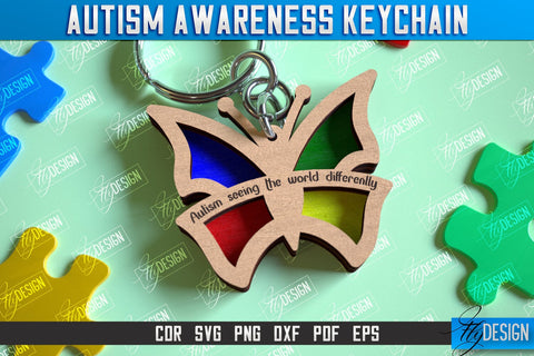 Autism Awareness Keychain Laser Cut Bundle, Puzzle Piece SVG, Personalized Custom Autism Awareness SVG Fly Design 