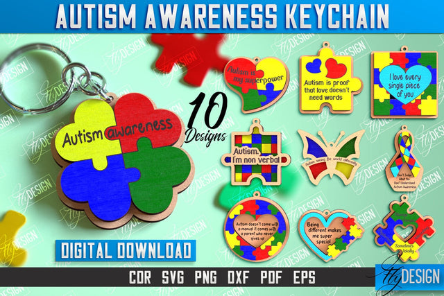 Autism Awareness Keychain Laser Cut Bundle, Puzzle Piece SVG, Personalized Custom Autism Awareness SVG Fly Design 