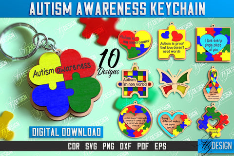 Autism Awareness Keychain Laser Cut Bundle, Puzzle Piece SVG, Personalized Custom Autism Awareness SVG Fly Design 