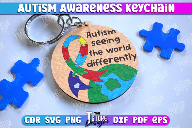 Autism Awareness Keychain | Wooden Keychain Templates | CNC File SVG The T Store Design 