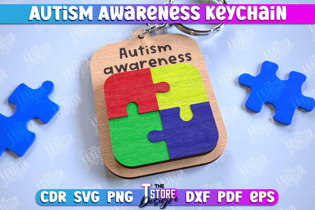 Autism Awareness Keychain | Wooden Keychain Templates | CNC File SVG The T Store Design 