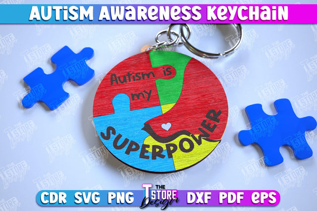 Autism Awareness Keychain | Wooden Keychain Templates | CNC File SVG The T Store Design 