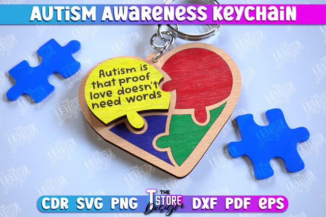 Autism Awareness Keychain | Wooden Keychain Templates | CNC File SVG The T Store Design 