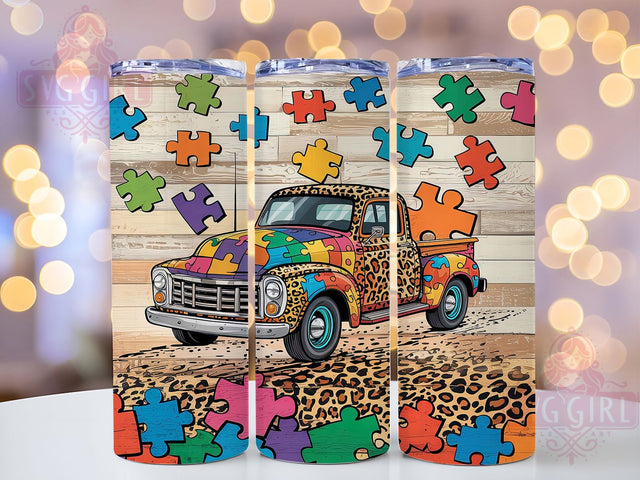 Autism Awareness Truck 20oz Tumbler, Autism Truck Design, 20oz Sublimation, Special Education, Puzzle Ribbon, Teacher Gift, Awareness Day Sublimation SvggirlplusArt 