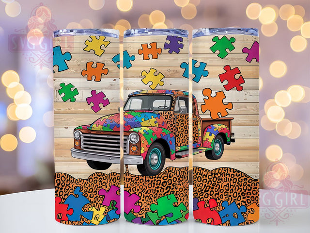Autism Awareness Truck 20oz Tumbler, Autism Truck Design, 20oz Sublimation, Special Education, Puzzle Ribbon, Teacher Gift, Awareness Day Sublimation SvggirlplusArt 