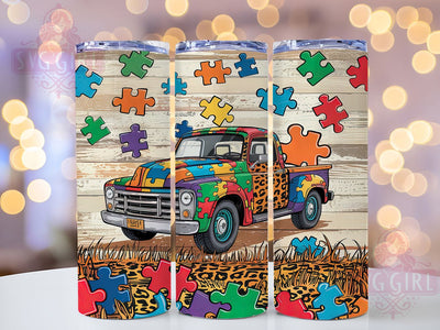 Autism Awareness Truck 20oz Tumbler, Autism Truck Design, 20oz Sublimation, Special Education, Puzzle Ribbon, Teacher Gift, Awareness Day Sublimation SvggirlplusArt 