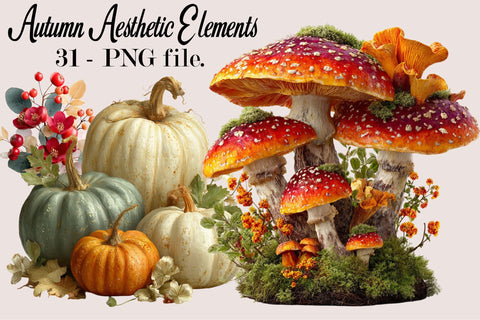 Autumn Aesthetic Elements PNG Clipart Bundle. Sublimation SVGArt 