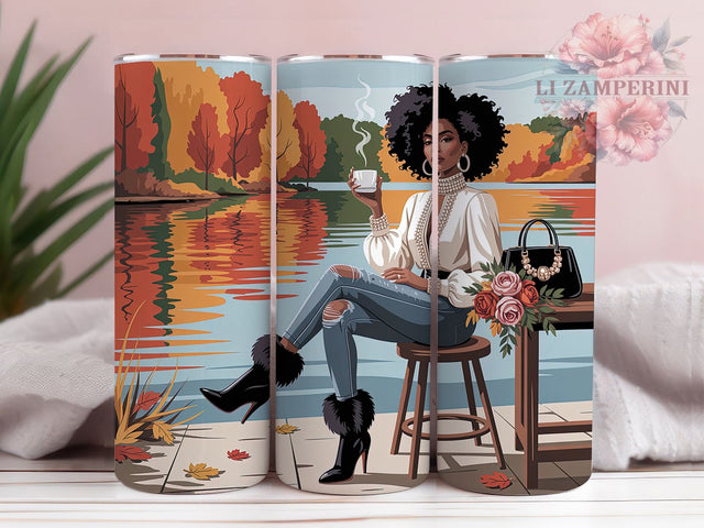 Autumn Afro Woman Empowerment Tumbler Wrap, Autumn Theme, Fall Colors, Melanin Pride, Empowerment Style, Seasonal Wrap, Sublimation Design Sublimation Li Zamperini 