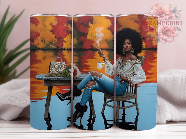 Autumn Afro Woman Empowerment Tumbler Wrap, Autumn Theme, Fall Colors, Melanin Pride, Empowerment Style, Seasonal Wrap, Sublimation Design Sublimation Li Zamperini 
