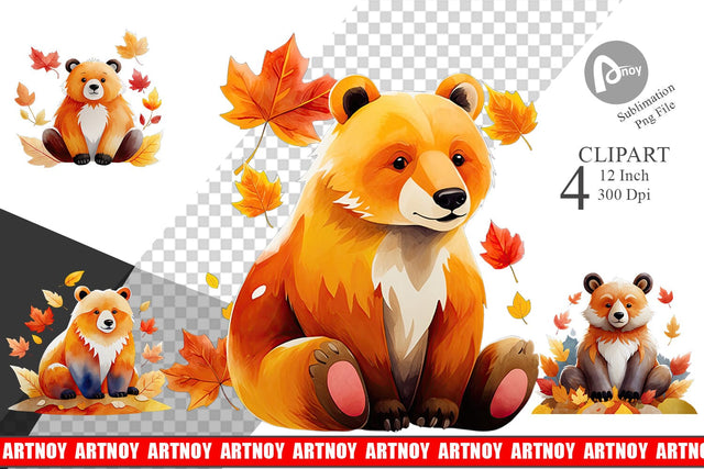 Autumn Bear Watercolor Clipart Sublimation artnoy 