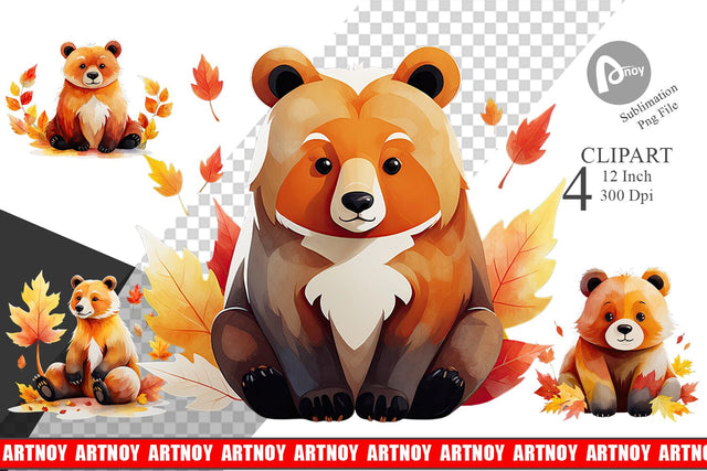 Autumn Bear Watercolor Clipart Sublimation artnoy 