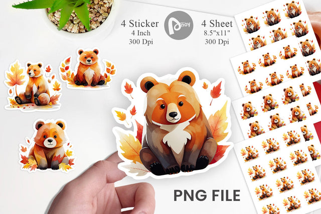 Autumn Bear Watercolor Sticker Sublimation artnoy 